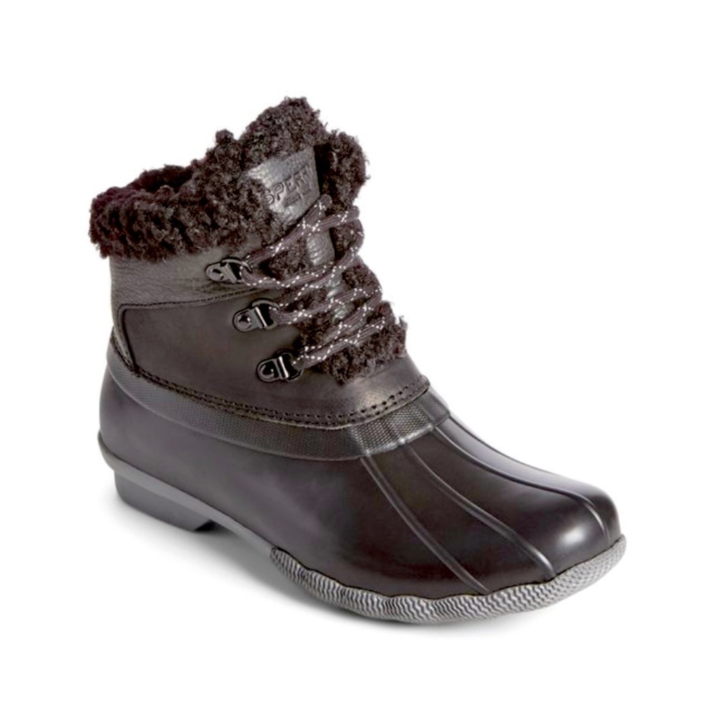 Black Sperry Duck Boots Leather & Sherpa